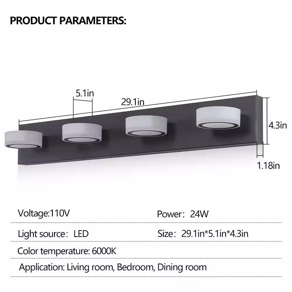None 29.1 in. 4-Light Black LED Vanity Lights Bar Fixtures Over Mirror Bath Wall Lighting