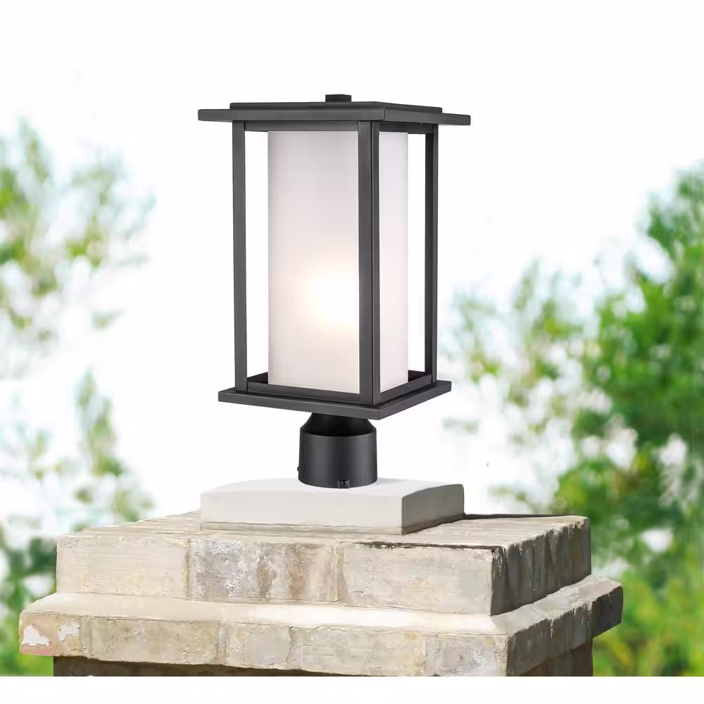 Bel Air Lighting Shaakar 1-Light Black Outdoor Lamp Post Light Fixture with Frosted Glass