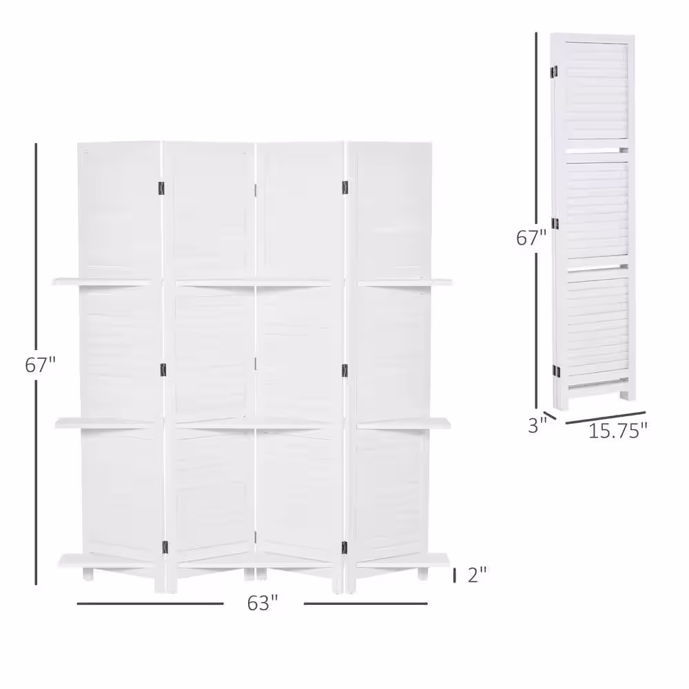 HOMCOM 5.6 ft. 4-Panel Wood Room Divider Folding Privacy Screen Panels with 3-Shelves for Indoor Bedroom Office, Blinds Style