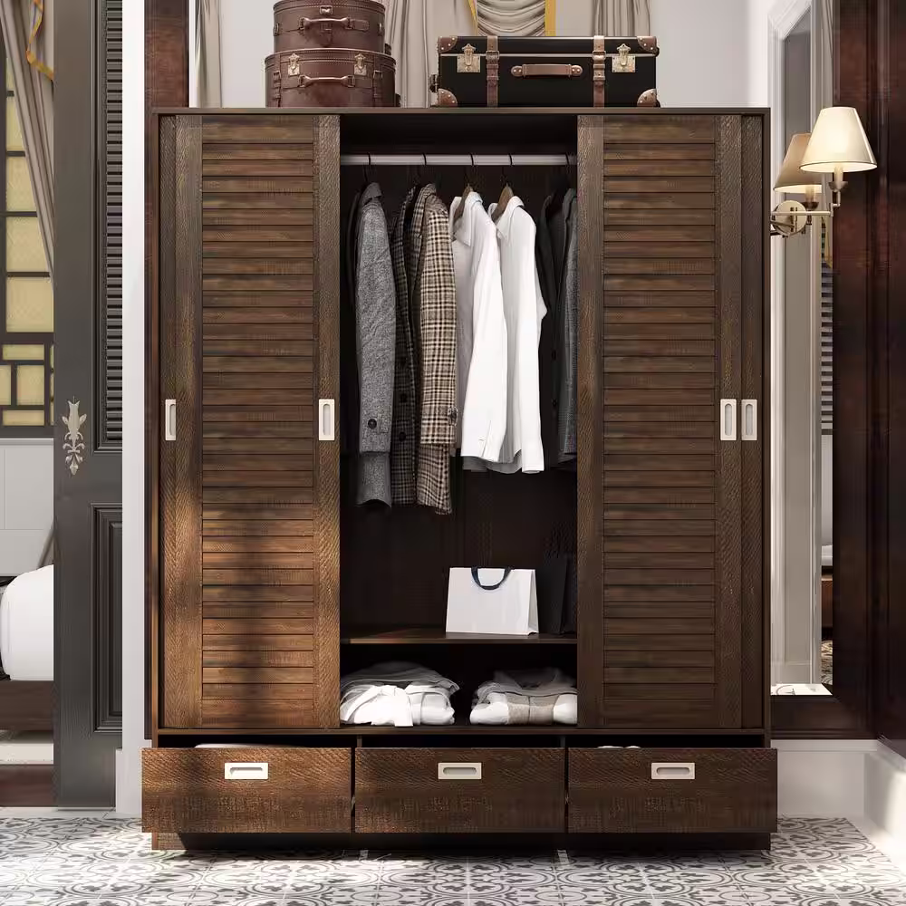 FUFU&GAGA Dark Brown Wood 59.1 in. W 4-Door Big Wardwore Armoires With 4 Sliding Doors, Hanging Rods, Drawers, Storage Shelves