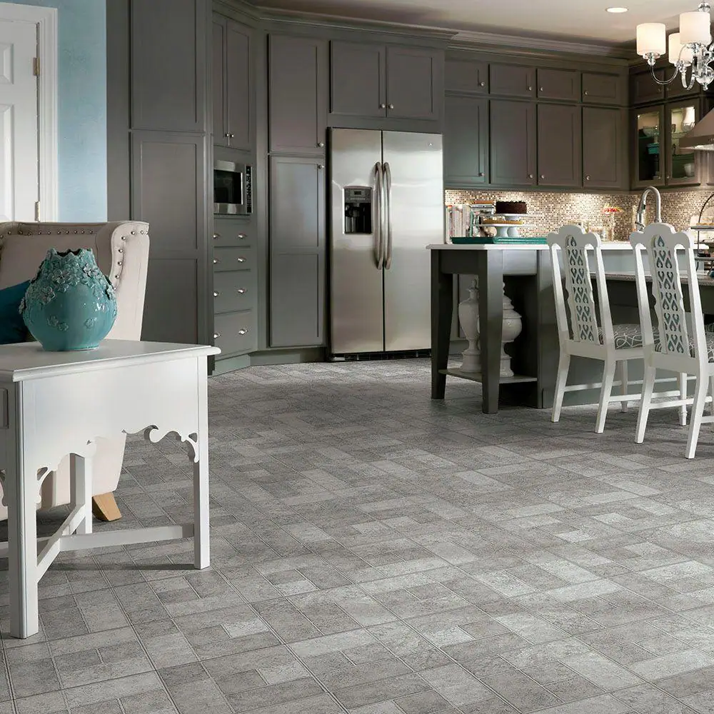 TrafficMaster Bodden Bay Grey 3 MIL x 12 in. W x 13 in. L Peel and Stick Water Resistant Vinyl Tile Flooring (30 sqft/case)