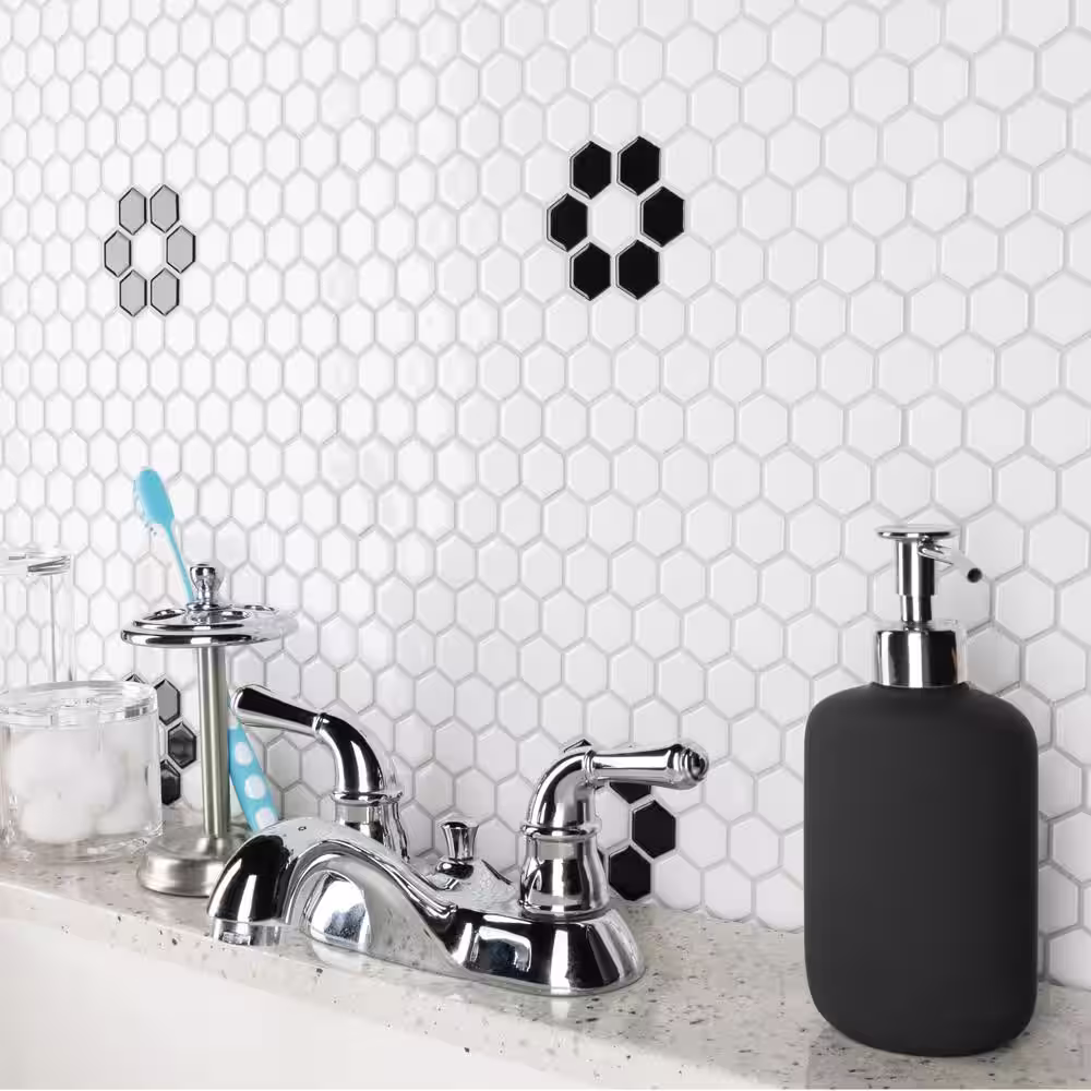 Merola Tile Metro 1 in. Hex Glossy White with Single Flower 10-1/4 in. x 11-7/8 in. Porcelain Mosaic Tile (8.6 sq. ft./Case)