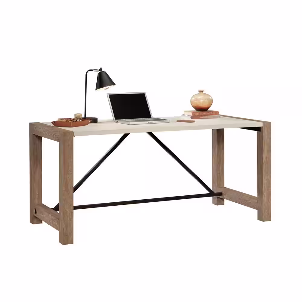 SAUDER Dixon City 65.984 in. Brushed Oak Executive Desk with Pebbled White Accent Top