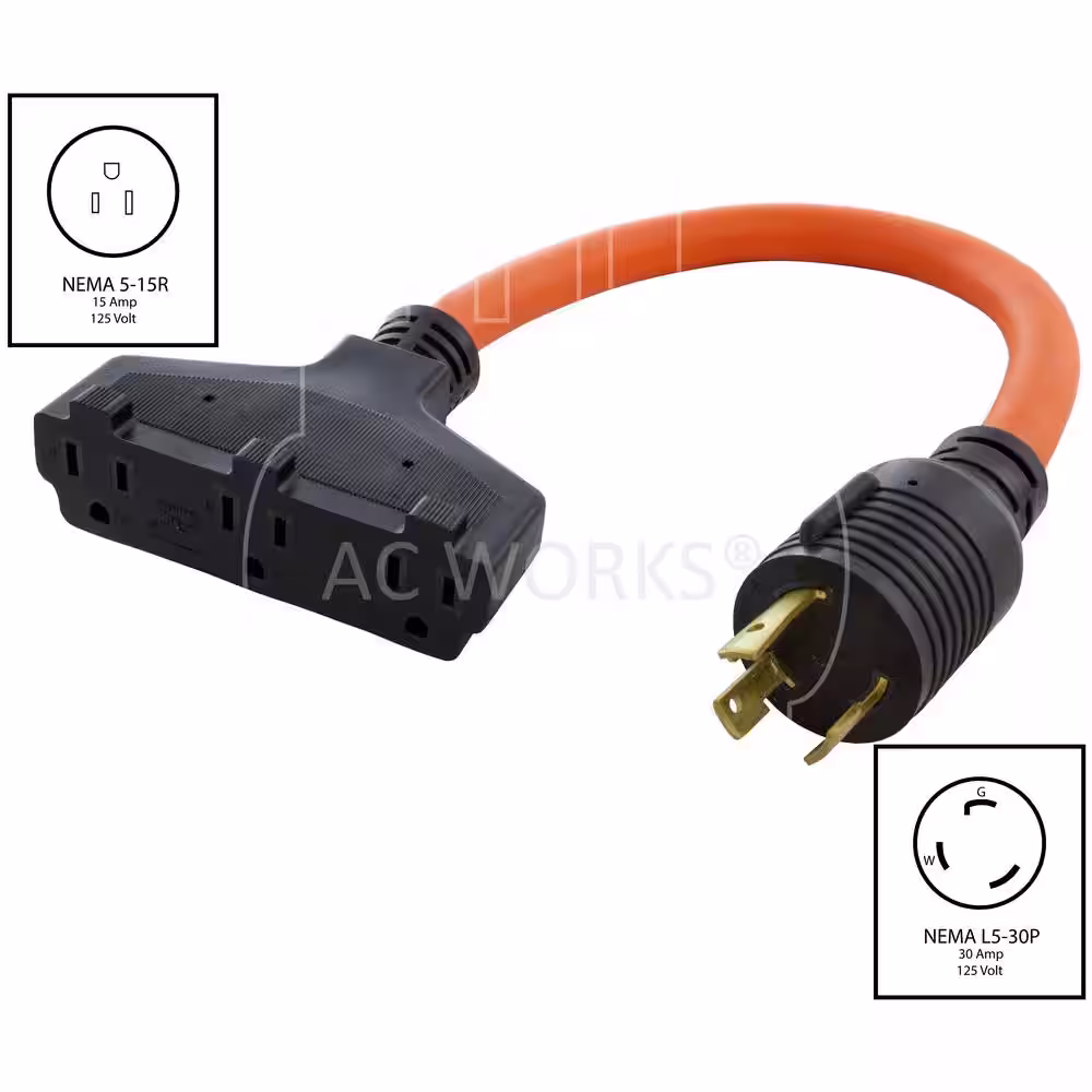 AC WORKS 1.5 ft. 10/3 STW 30 Amp NEMA L5-30P 30 Amp Locking Plug to Lighted Tri-Outlets Household Sockets