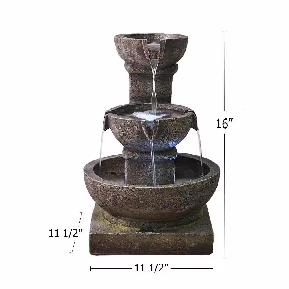 None 16 in. Resin 3-Tier Outdoor Water Fountain with LED Light Modern Curved Indoor-Outdoor Waterfall Fountain