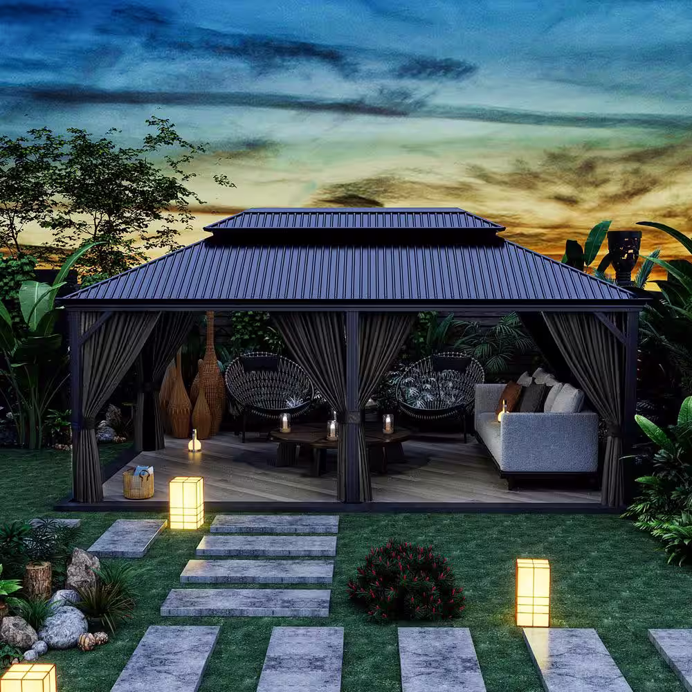 EGEIROSLIFE 12 ft. x 20 ft. Double Roof Hardtop Aluminum Patio Gazebo with Netting and Gray Curtains