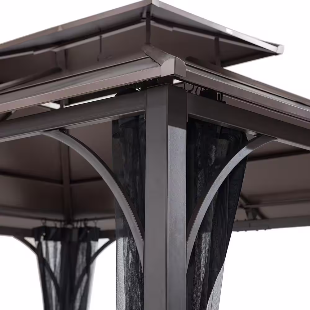 Sunjoy Atasha 10 ft. x 12 ft. Brown Steel Gazebo with 2-Tier Hip Roof Hardtop with Mosquito Netting