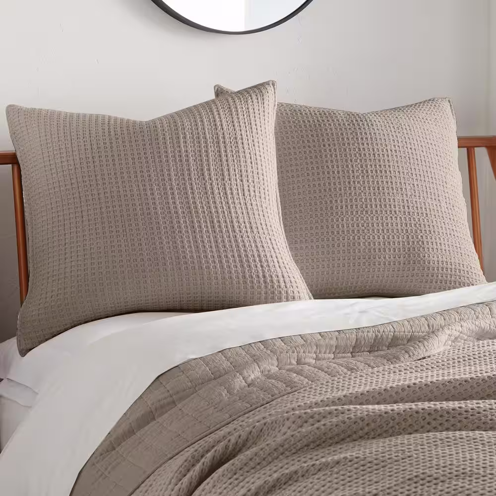 None Mills Waffle Taupe Solid Cotton Waffle 26 in. x 26 in. Euro Sham (Set of 2)