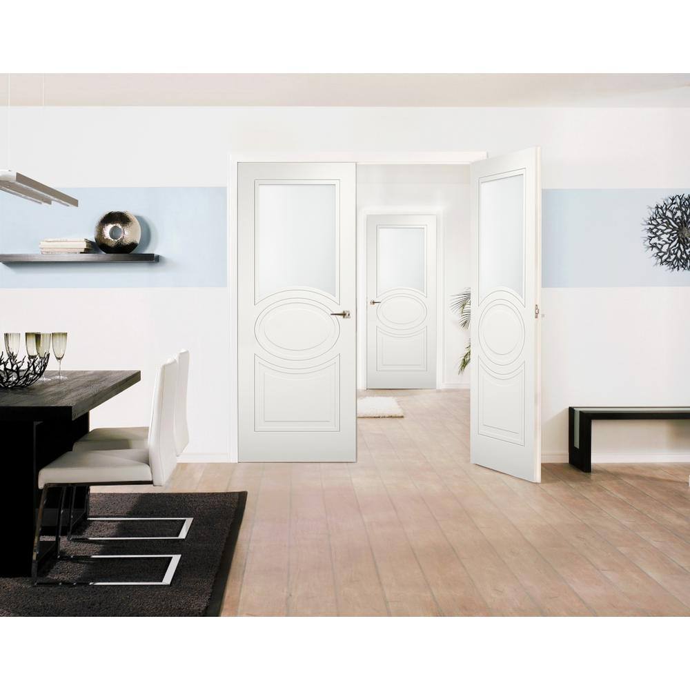 VDOMDOORS 7012 84 in. x 80 in. Universal Handling 1/2-Lite Frosted Glass Solid White Finished Pine MDF Double Prehung French Door