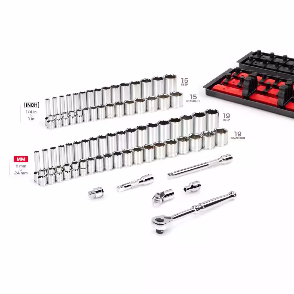TEKTON 3/8 in. Drive 6-Point Socket and Ratchet Set with Rails (1/4 in.-1 in., 6 mm-24 mm) (74-Piece)