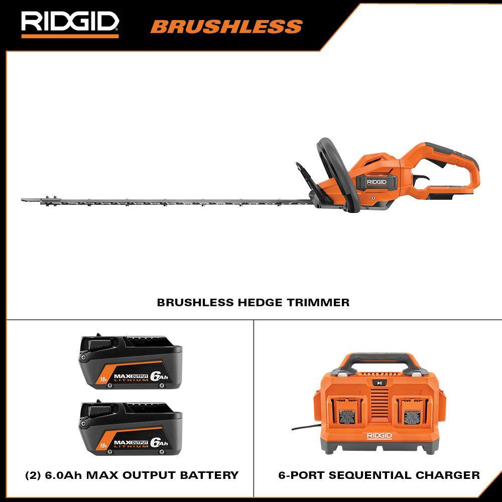 RIDGID 18V Brushless Cordless Hedge Trimmer Kit with 6-Port Sequential Charger and 6.0 Ah MAX Output Batteries (2-Pack)