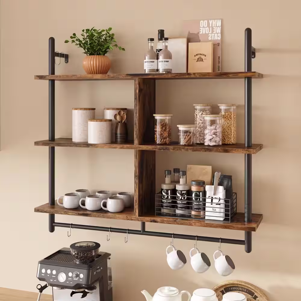 None 41.54 in. W x 9.37 in. D Rustic Brown 3-Tier Ladder Composite Decorative Wall Shelf with Circular Tube and Hooks