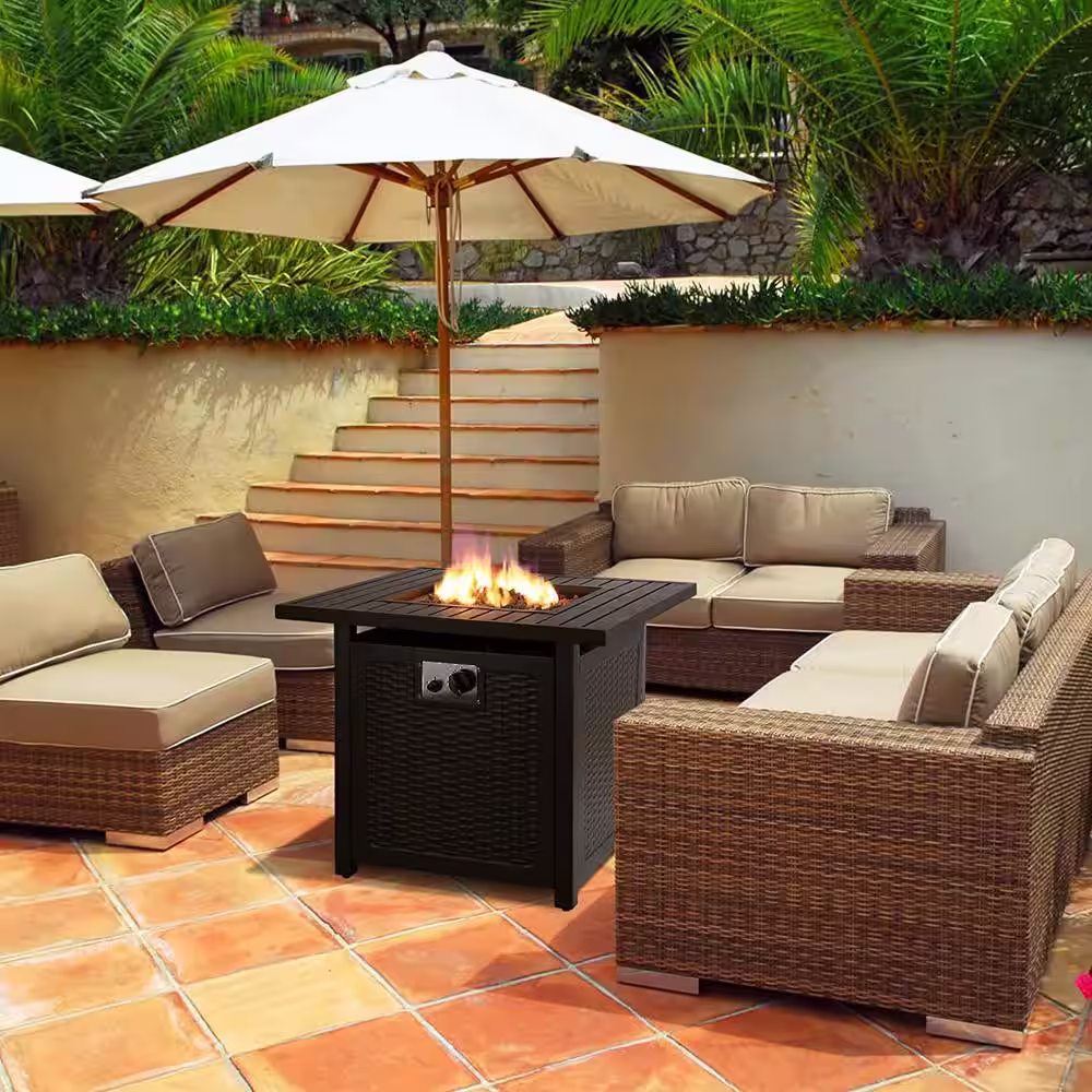Oakville Furniture Nepton 28 in. Square Outdoor Black Rattan Style Powder Coated Steel Propane Fire Pit Table with Lava Rock