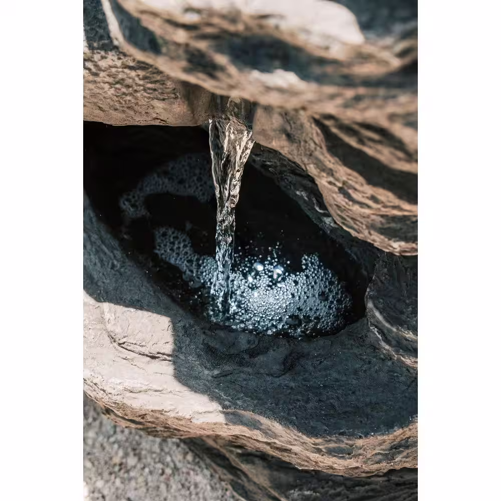 XBRAND 23.6 in. H Polystone/Stone Powder Indoor Outdoor 3-Tier Rocky Water Fountain with LED Lights for Home Garden Yard Decor