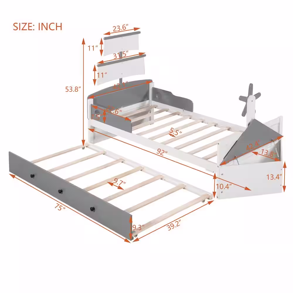 Harper & Bright Designs Gray Twin Size Boat-Shaped Platform Bed with Twin size Trundle and Storage