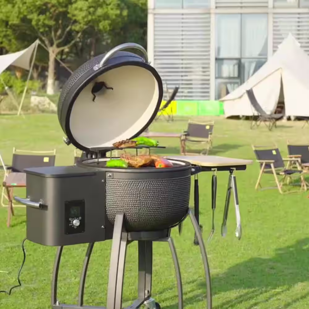 None 24 in. 4-in-1 Ceramic Pellet Grill with 19.6 in. Dia Gridiron Double Ceramic Liner for Outdoors Patio, Black
