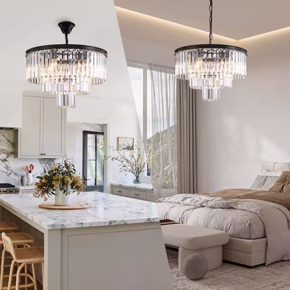 SILJOY 6-Lights Black Crystal Chandeliers Drum Chandeliers 20 in. Dimmable Ceiling Pendant Light for Dining Room Bedroom