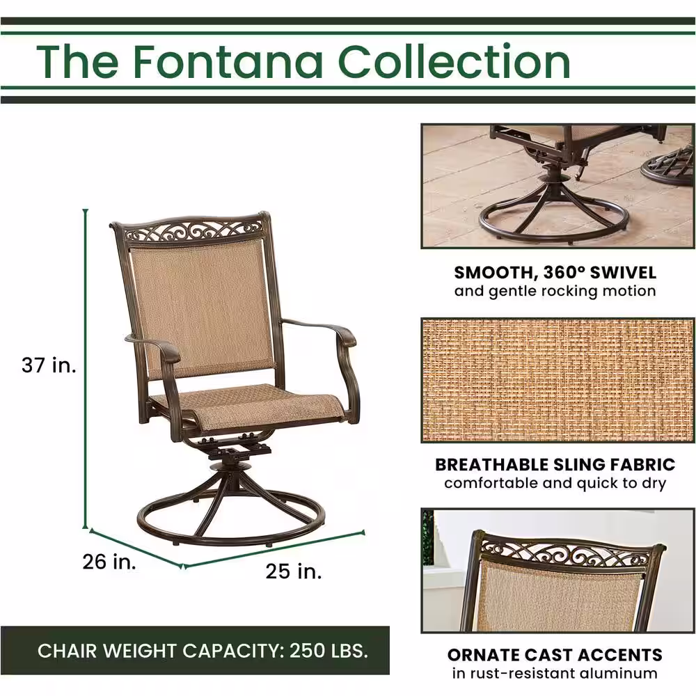 Hanover Fontana 3-Piece Aluminum Outdoor Bistro Set with 2 Sling Swivel Rockers and a 32 in. Cast-Top Table