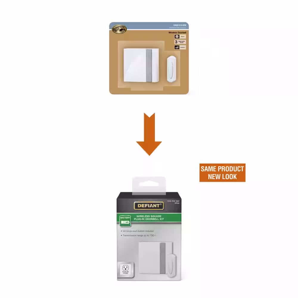 Defiant Wireless Plug-In Doorbell Kit with Wireless Push Button, White with Gray Fabric