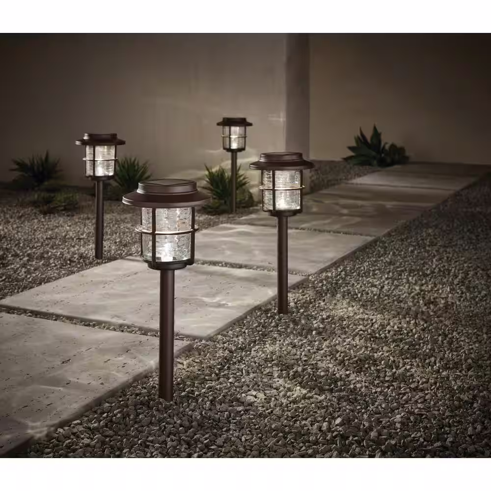 Hampton Bay 15 Lumens Mariner Bronze Integrated LED Outdoor Solar Path Light with Vintage Water Glass (4-Pack)