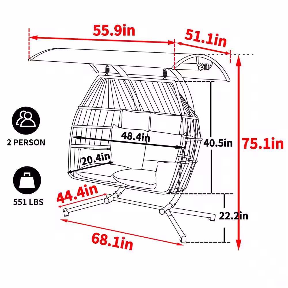 VEIKOUS 5.7 ft. X 3.7 ft. Base Free Standing 2-Person Hammock Chair Hanging Egg Chair with Stand, Awning and Cushions, Gray