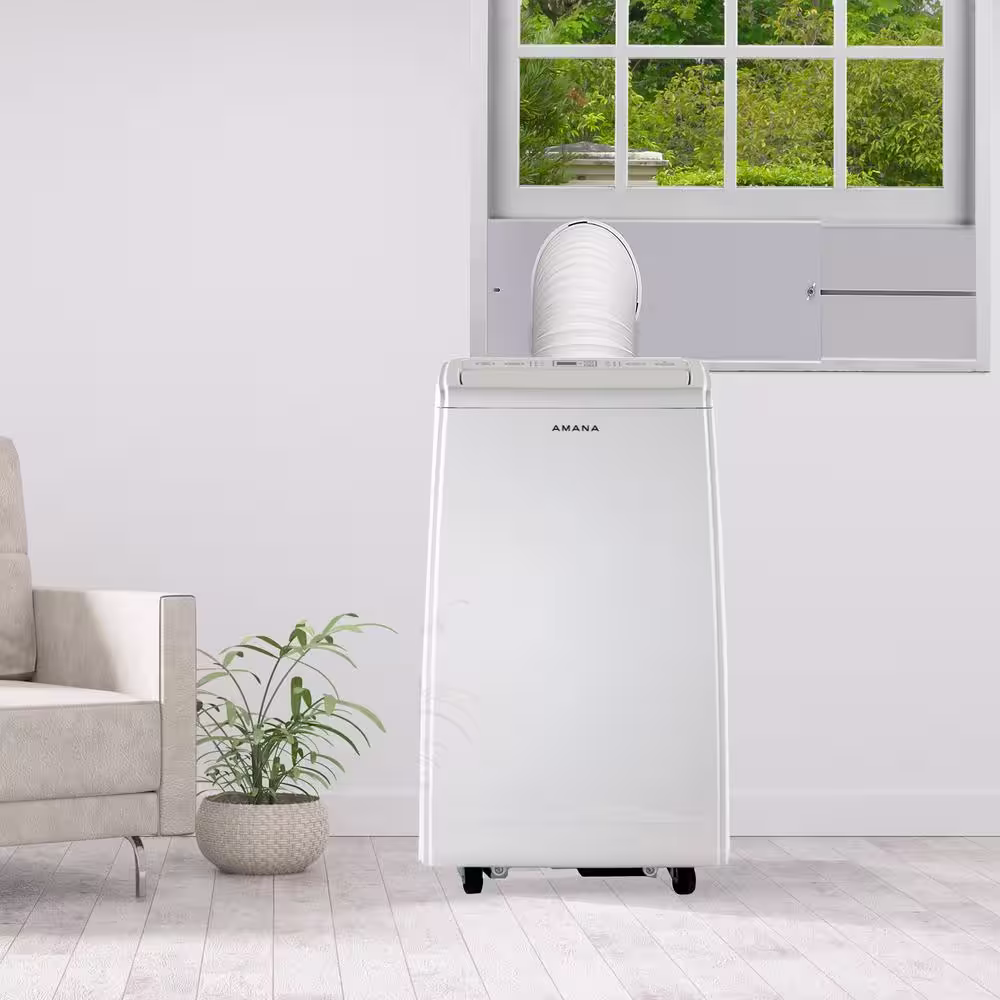 Amana 8000 BTU Portable AC Rooms Up To 300 sq.ft. Dehumidifier, Fan, Digital Control, Remote, Wheels, Timer, Filter in White