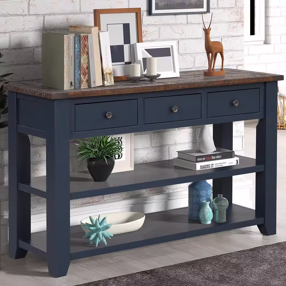 None 49 in. Blue Rectangle Distressed Wood Top Console Table with Storage Drawers and Shelves