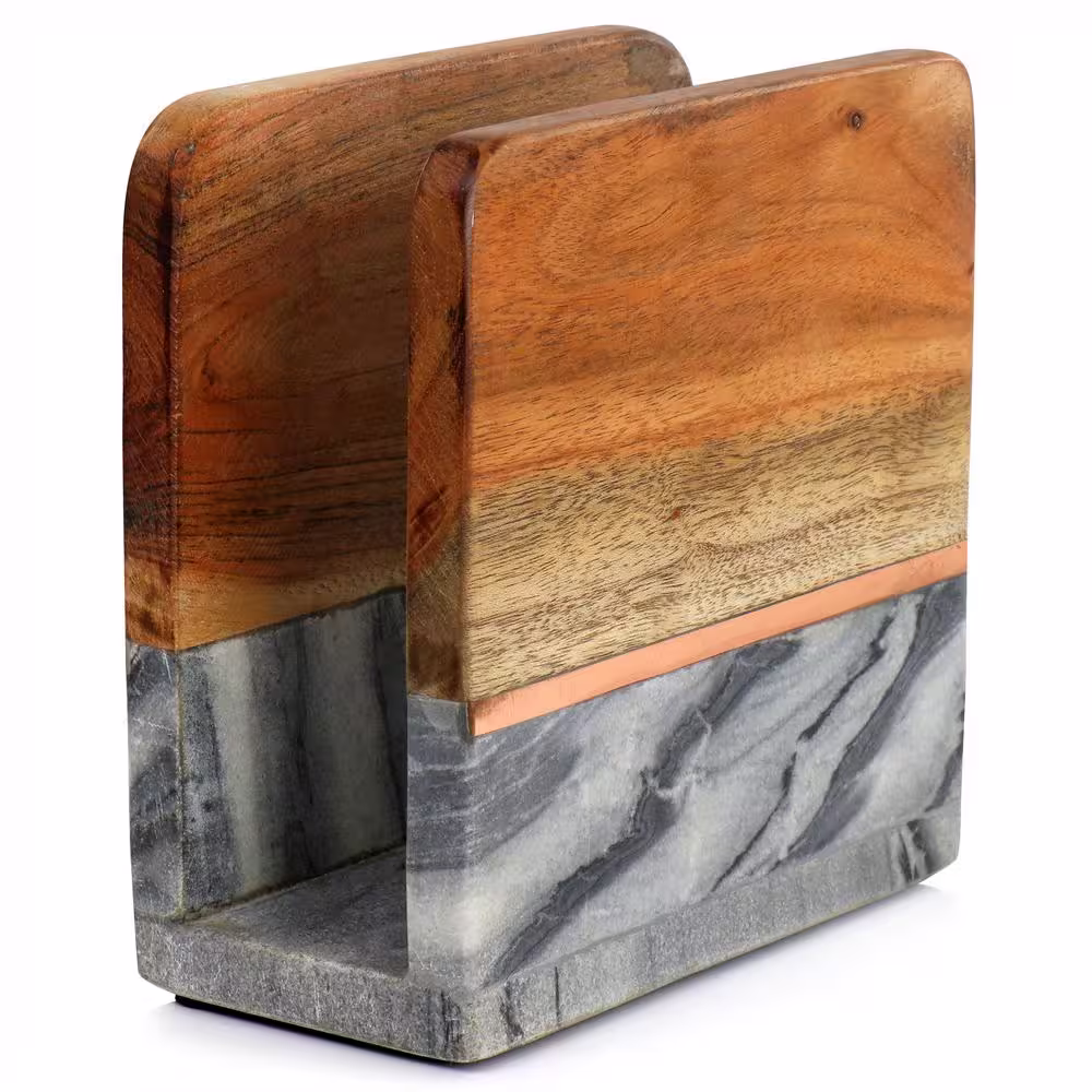 Laurie Gates California Designs 6.25 in. Acacia Wood and Grey Marble Napkin Holder with Bronze Accent