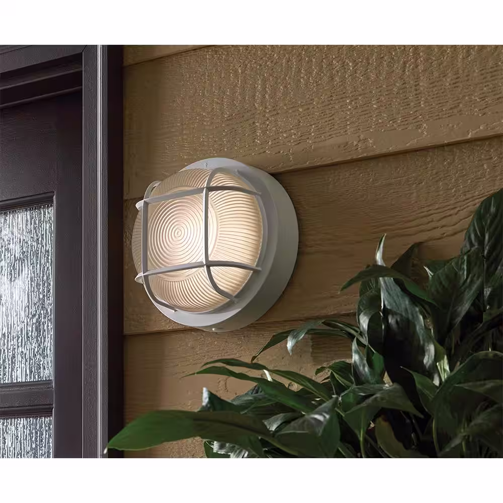 Hampton Bay 8.5 in. Round White LED Outdoor Wall Ceiling Bulkhead Light 3 Color Temperature Option Weather Rust Resistant 800 Lumen