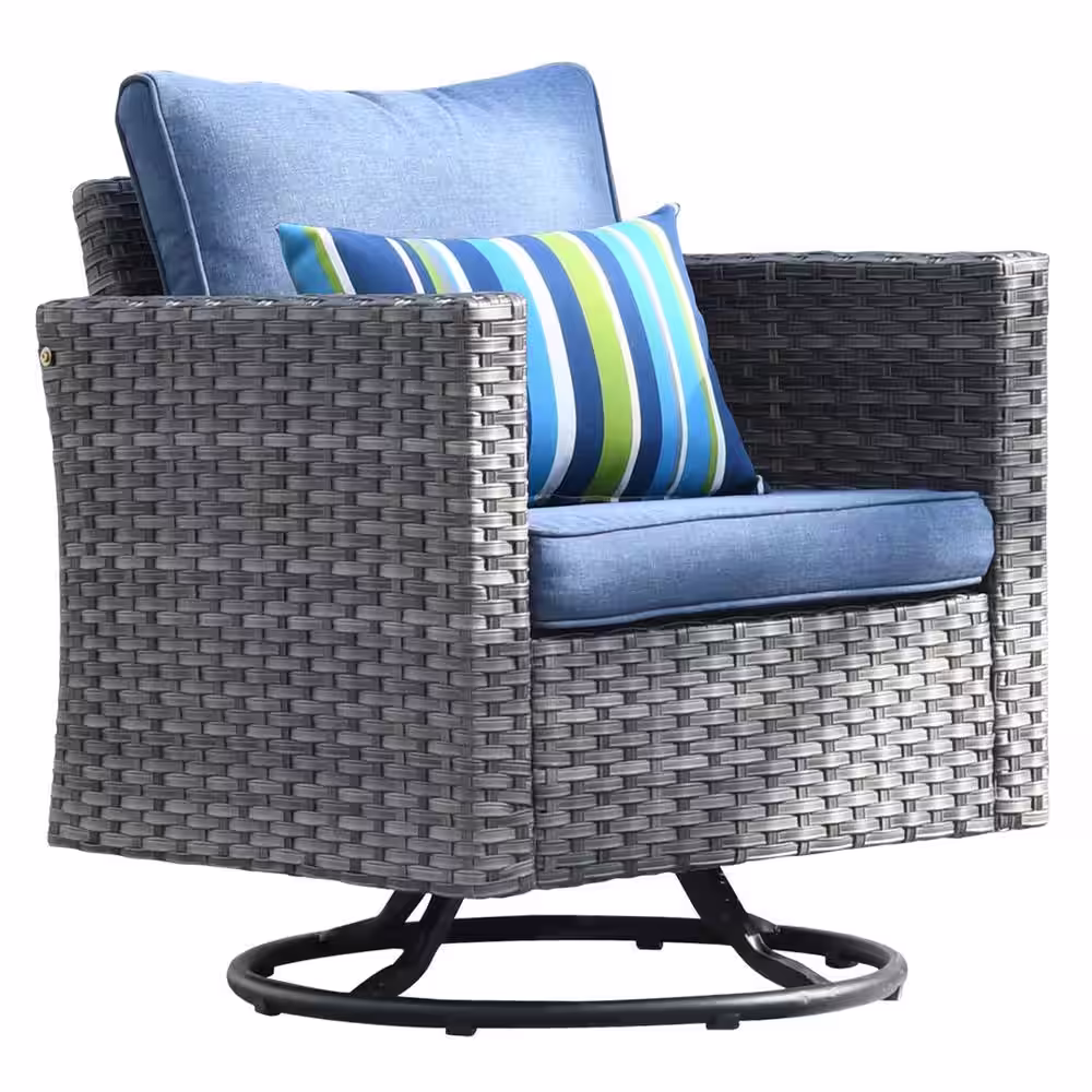 None Mirage Gray 4-Piece Wicker Outdoor Rocking Chair Set with Denim Blue Cushions