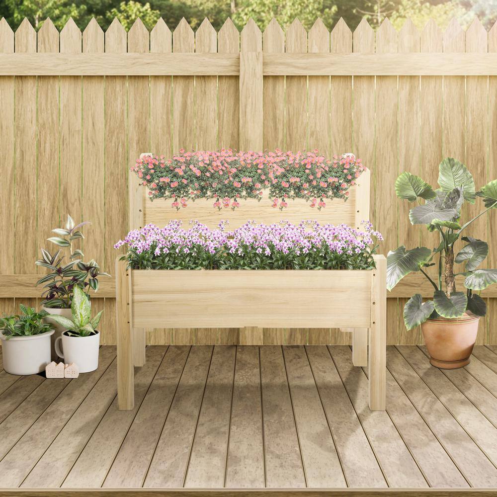 Outsunny 34 in. W x 34 in. D x 28 in. H Natural Wooden 2-Tier Raised Garden Bed