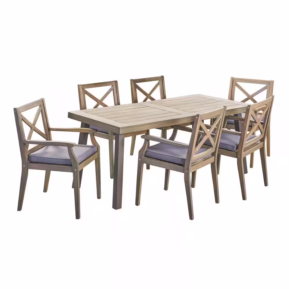 Noble House Juniper Grey 7-Piece Wood Outdoor Dining Set with Dark Grey Cushions