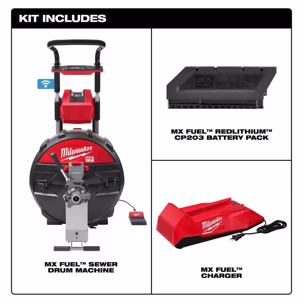 Milwaukee MX FUEL Lithium-Ion Cordless Sewer Drum Machine With (2) Lithium-Ion REDLITHIUM CP203 Batteries