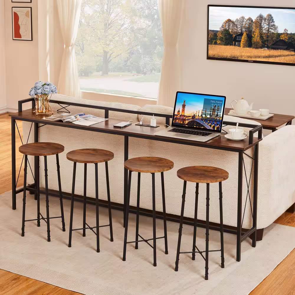 VECELO Narrow Charging Station 70.9 in. Brown Rectangle Wood Console Table with Outlet and USB Ports, Entryway Table Side Table