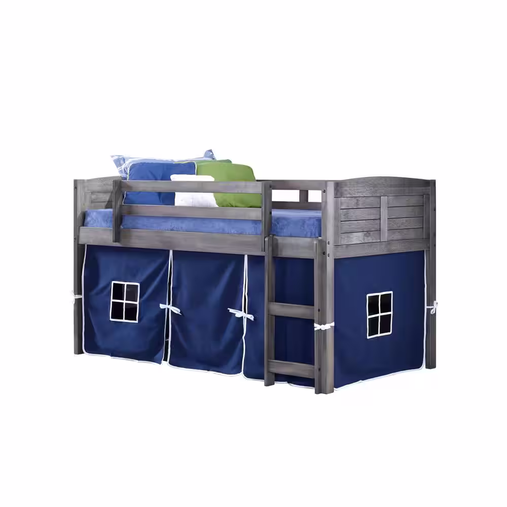 Donco Kids Antique Grey Twin Louver Low Loft Bed with Blue Tent Kit