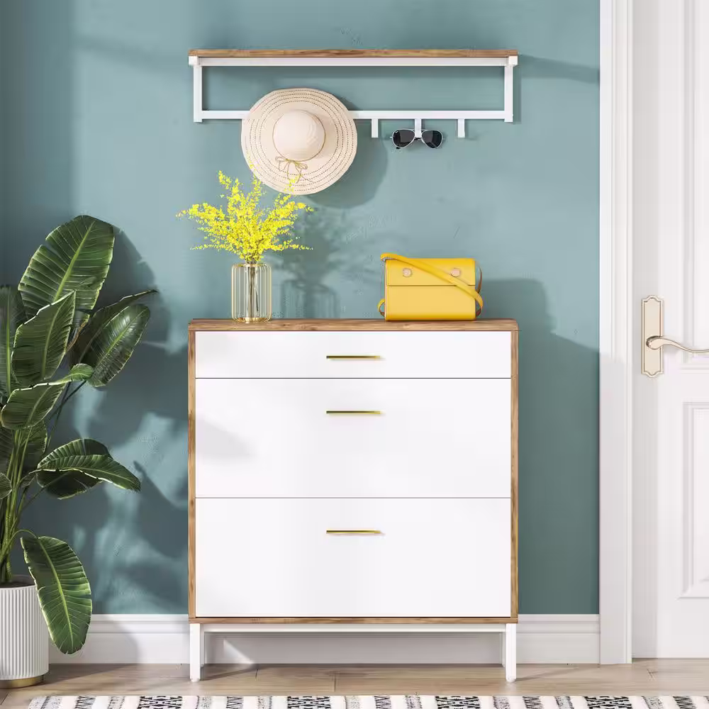 TRIBESIGNS WAY TO ORIGIN White and Brown Shoe Storage Cabinet with Drawer, Flip Shelves and Wall Mount Rack