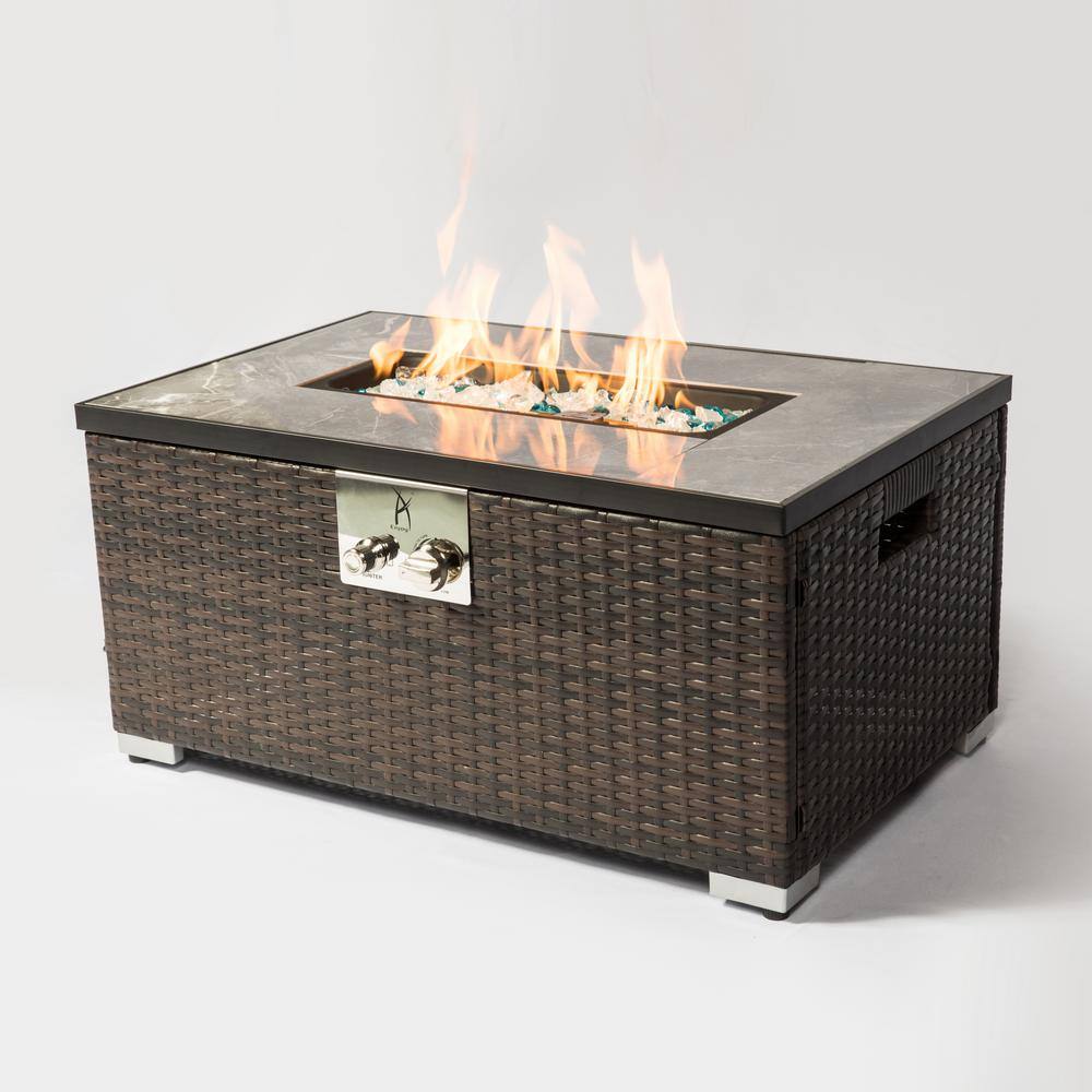 None 40,000 BTU Rectangle Wicker Outdoor Fire Pit Table with Glass Rocks