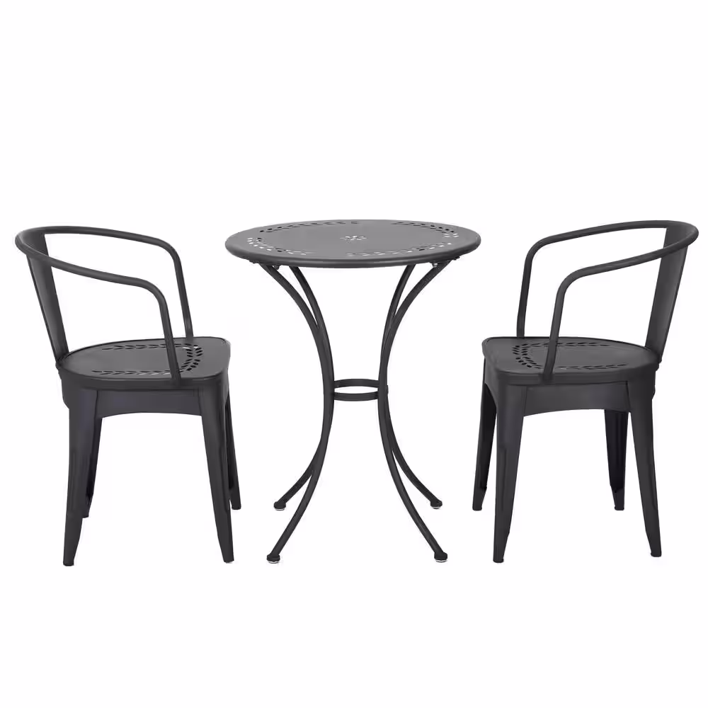 Noble House Lourdes Black Sand 3-Piece Metal Round Outdoor Bistro Set