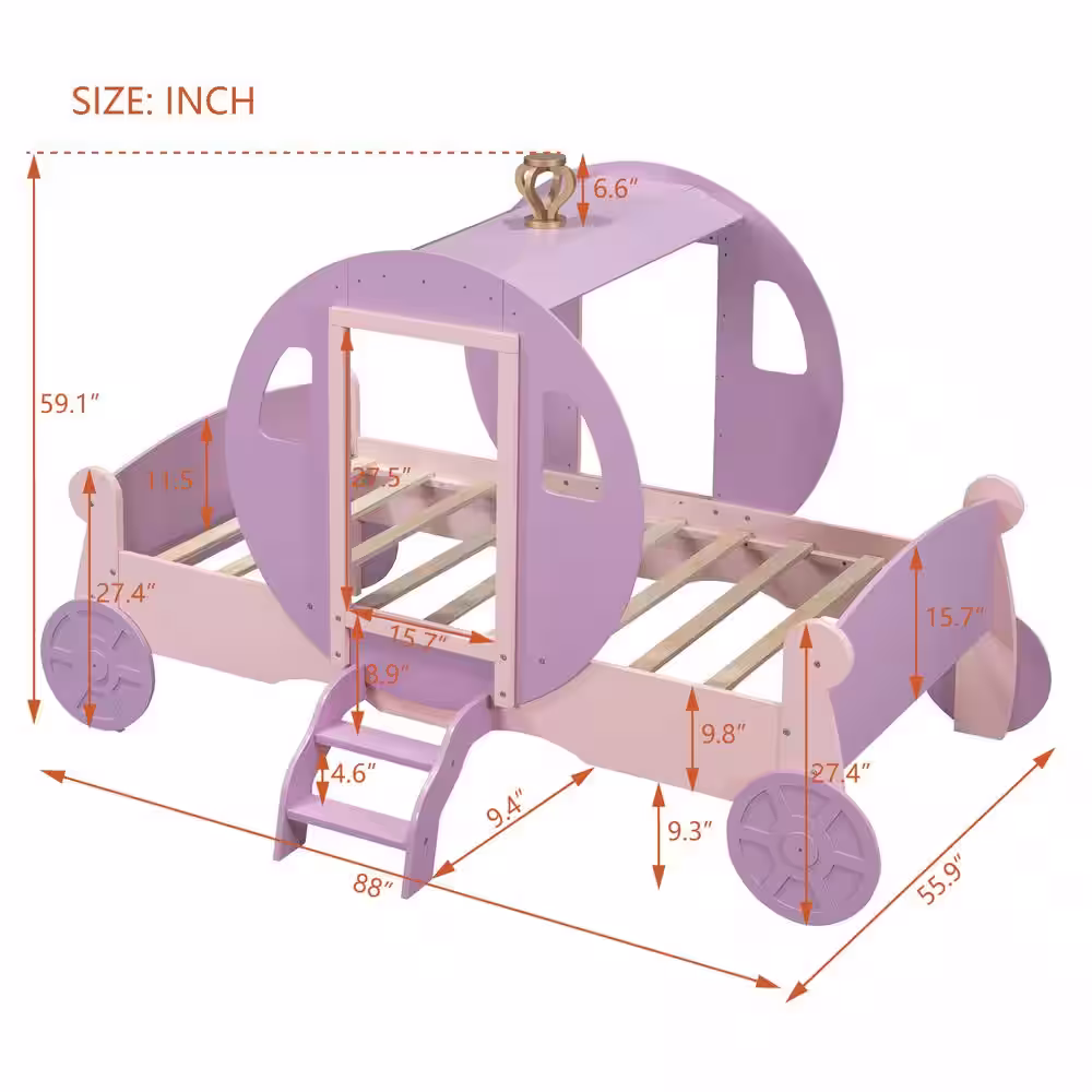 Harper & Bright Designs Purple and Pink Twin Size Wood Princess Carriage-shaped Kids Bed, Platform Bed with Crown and Ladder