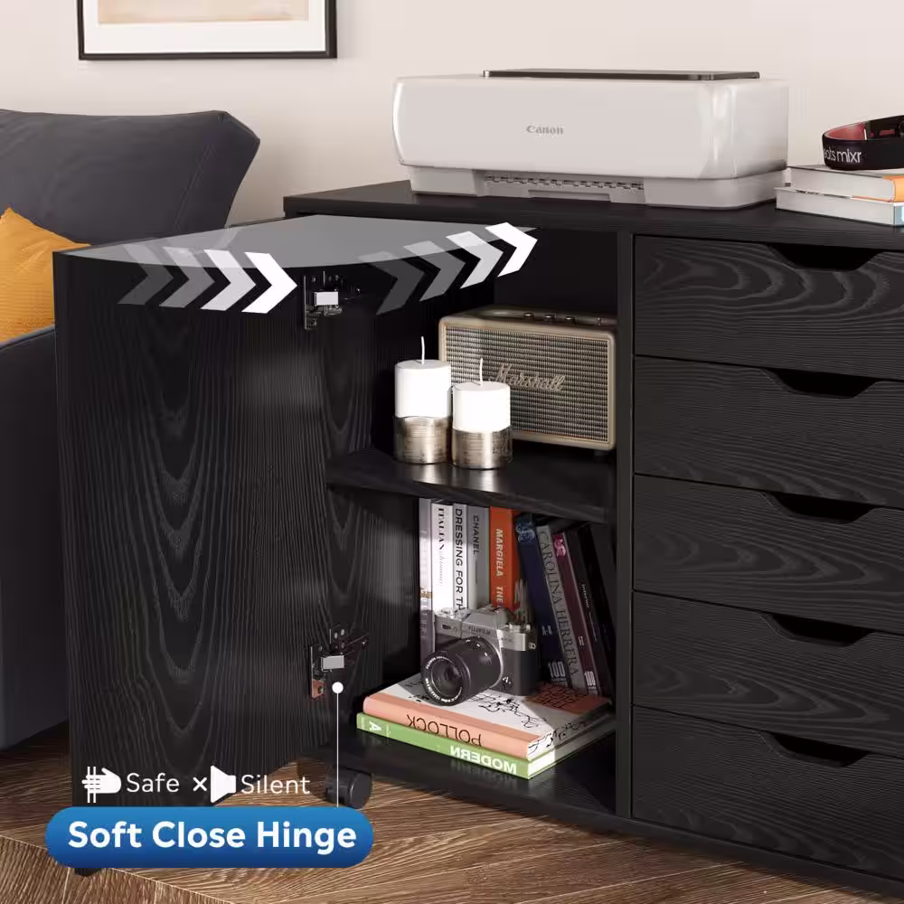 None Mobile 30.8 in. W x 25.5 in. H x 15.8 in. D Wood Freestanding Cabinet in Black with Drawers