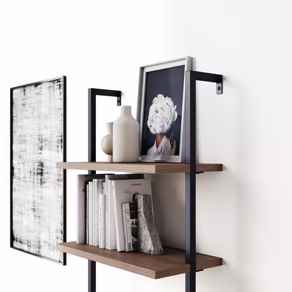 Nathan James Theo 73 in. Matte Black Reclaimed Oak Wood 5-Shelf Ladder Bookcase with Black Metal Frame