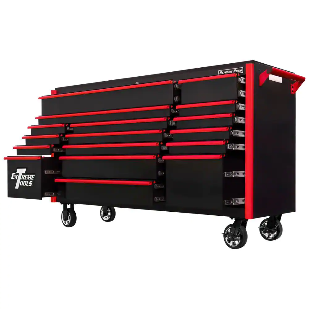 Extreme Tools DX Series 72 in. 17-Drawer Roller Cabinet Tool Chest with Mag Wheels in Black with Red Drawer Pulls