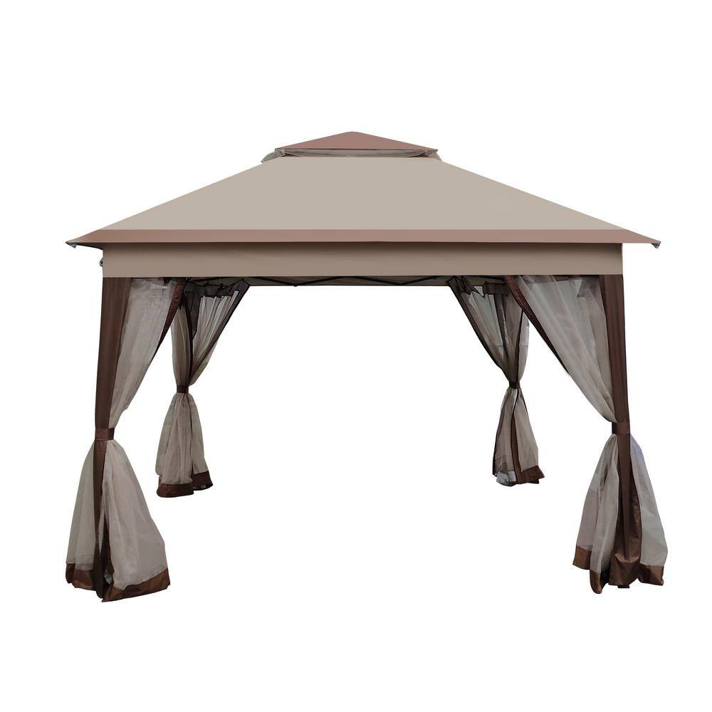 None 11 ft. x 11 ft. Coffee Metal Pop Up Outdoor Gazebo With Removable Zipper Netting