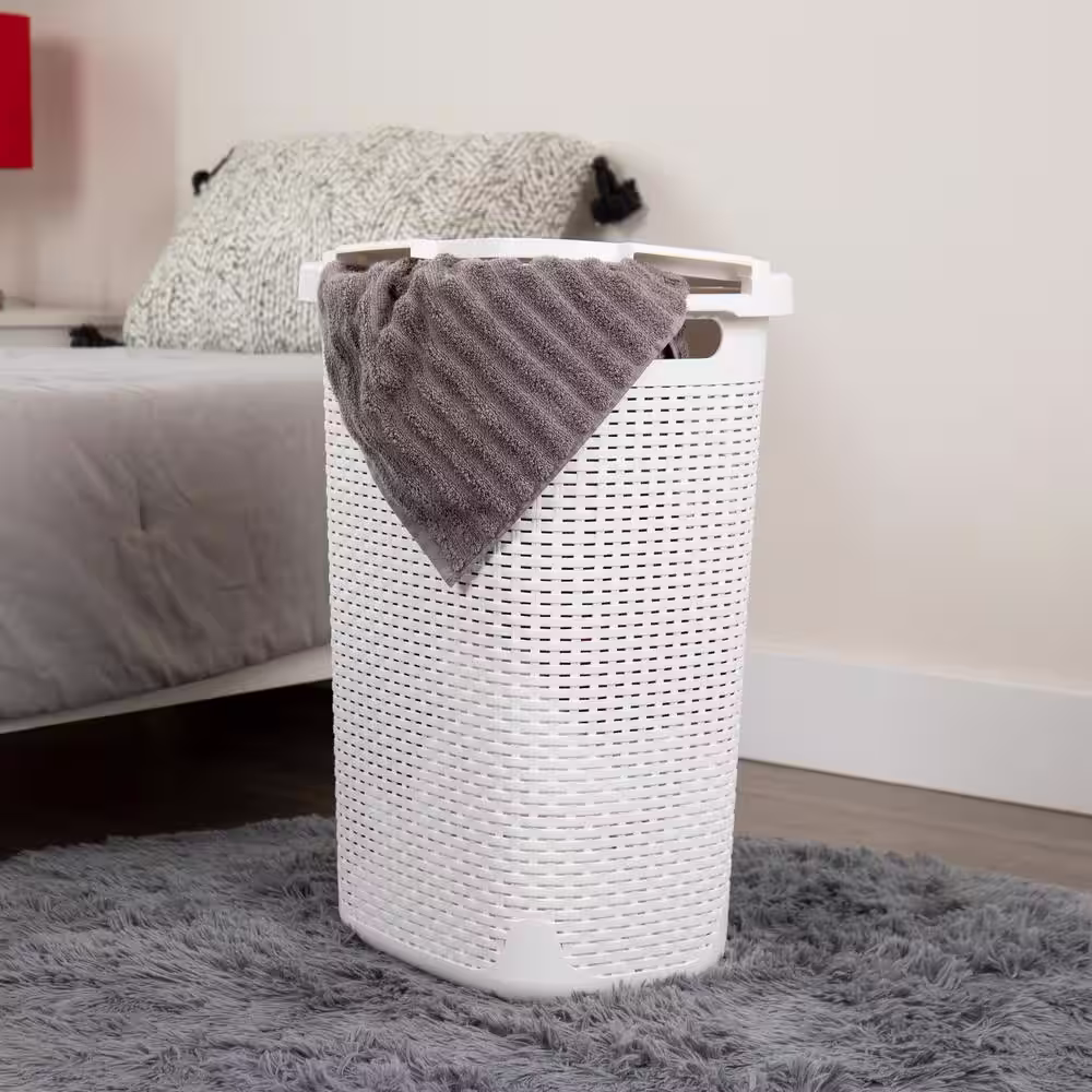 Mind Reader Basket Collection 60 Liter (15kg/33lbs) Capacity Laundry Hamper, Cut Out Handles, Attached Hinged Lid, White