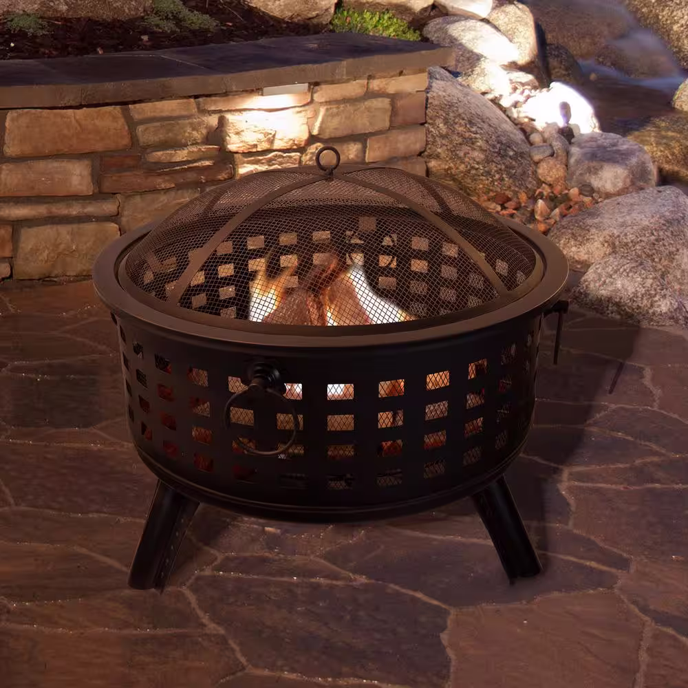 Pure Garden 26 in. Steel Round Fire Pit with Spark Screen and Log Poker