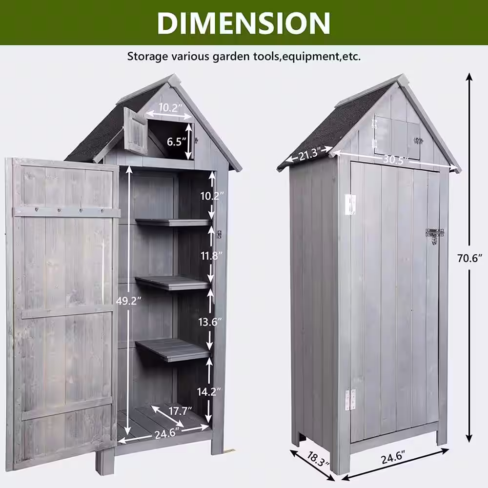 None 2.5 ft. W x 1.7 ft. D Gray Outdoor Garden Storage Wood Shed with Floor, Hooks and Lockable Door (4.5 sq. ft.)