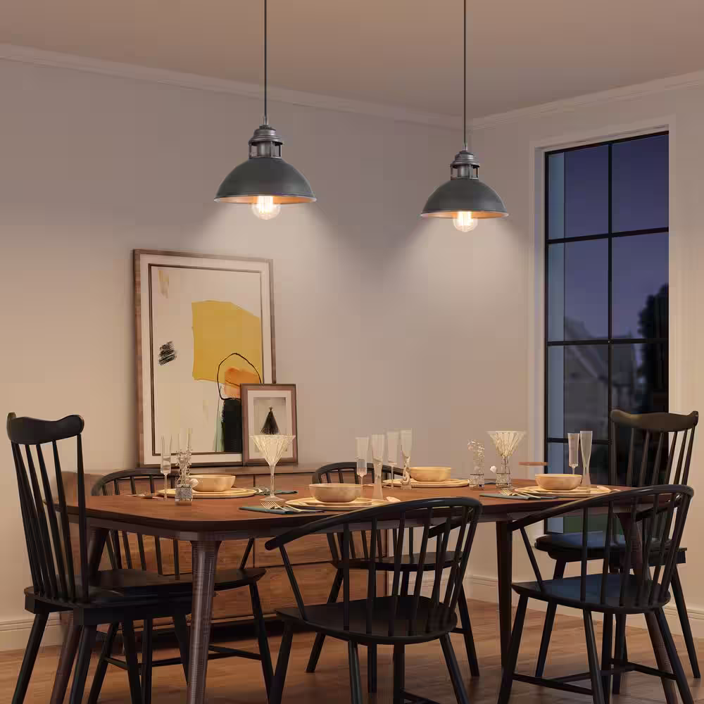 LNC Industrial 1-Light Brushed Silver and Black Island Pendant Light with Classic Dome Shade Barn Pendant LED Compatible