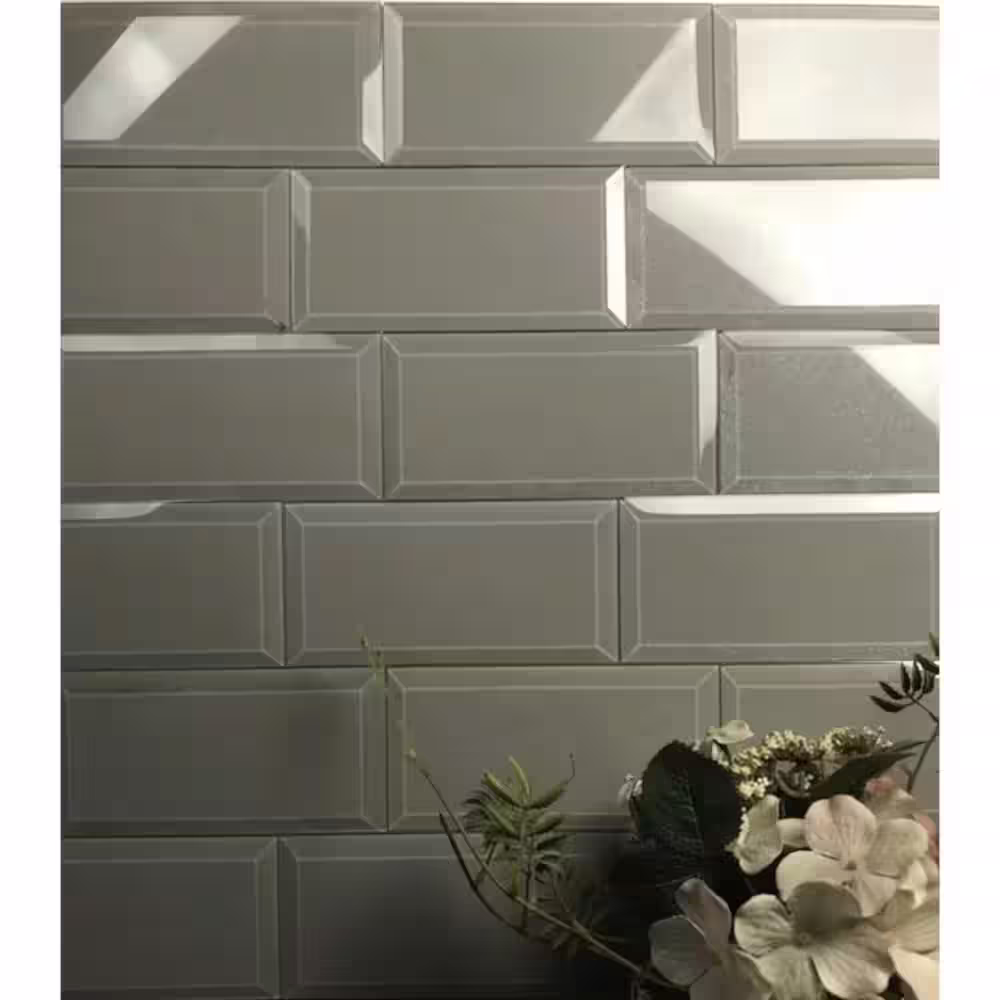 ABOLOS Frosted Elegance Glossy Glittery Gray Beveled Subway 3 in. x 6 in. Glass Wall Tile (0.125 Sq. Ft./Piece)
