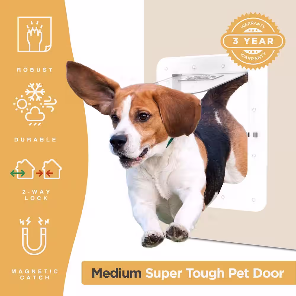 Hakuna Pets 8.9 in. x 11.4 in. Medium Super Tough Pet Door, Removable TunneL, 2 Way Locks, White