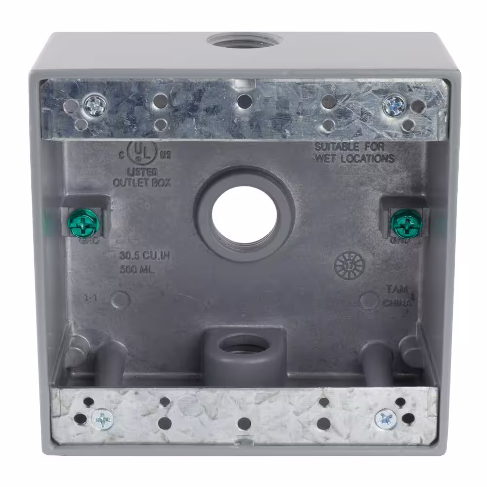 Commercial Electric 2-Gang Metallic Weatherproof Box with (3) 1/2 in. Holes, Gray